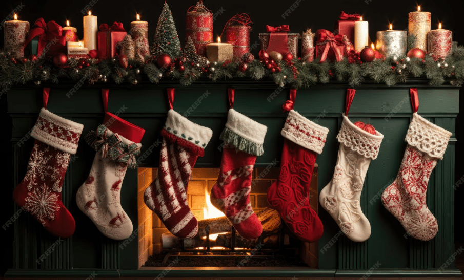 Christmas stockings by fireplace